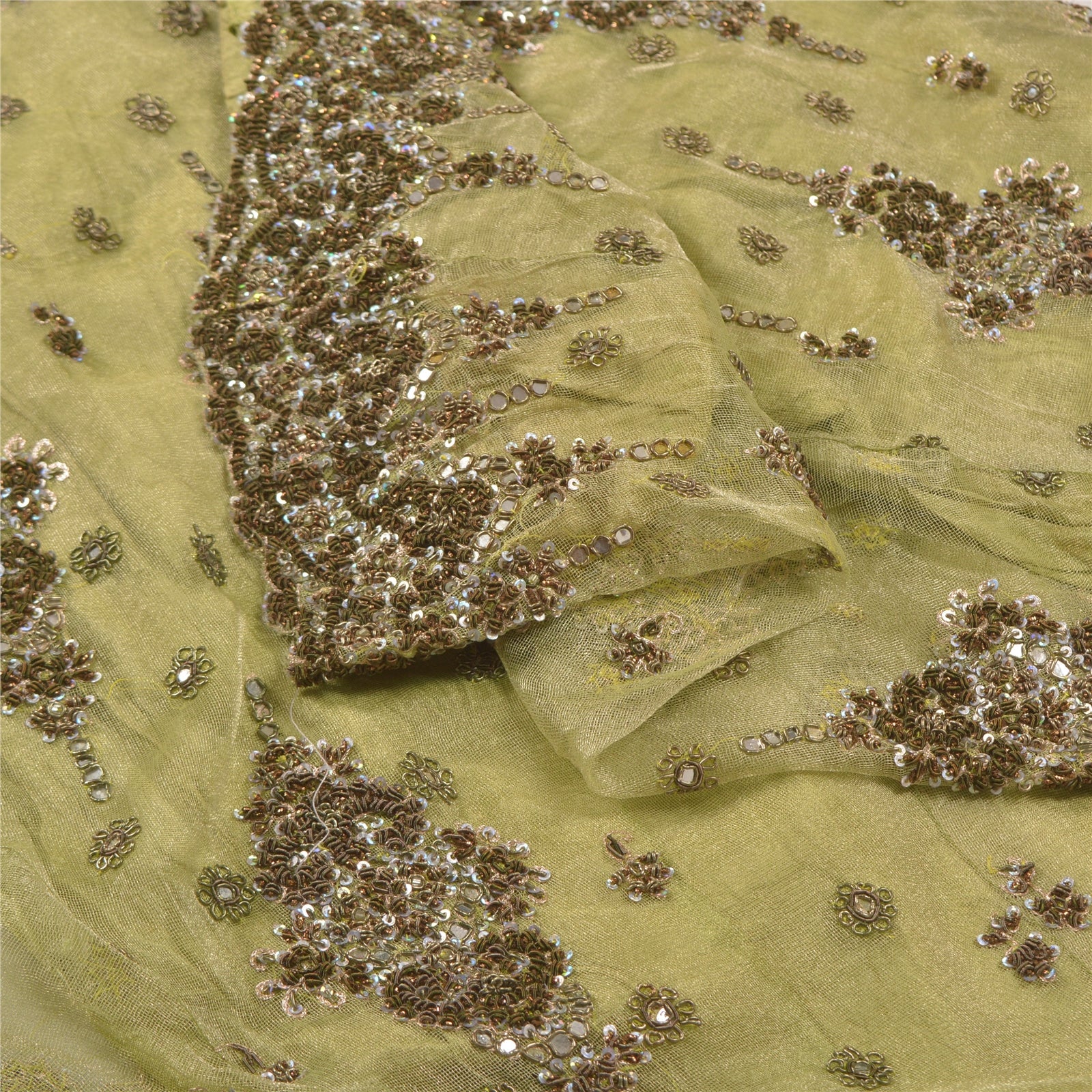 Sanskriti Vintage Green Long Lehenga Net Mesh Hand Embroidered Zardozi Stitched