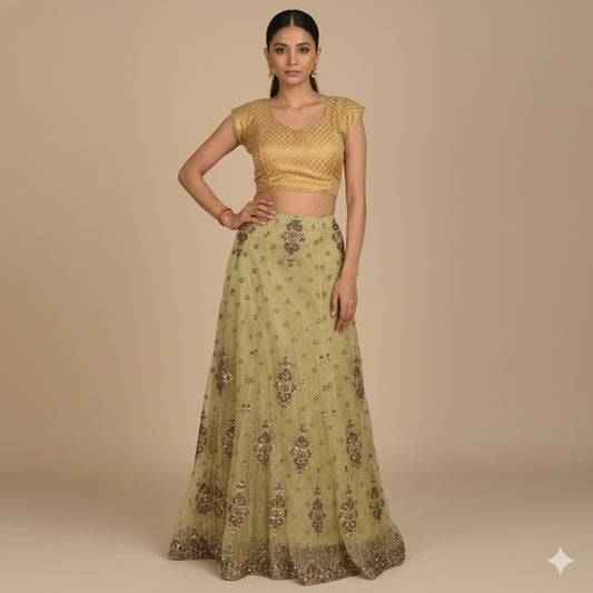 Sanskriti Vintage Green Long Lehenga Net Mesh Hand Embroidered Zardozi Stitched