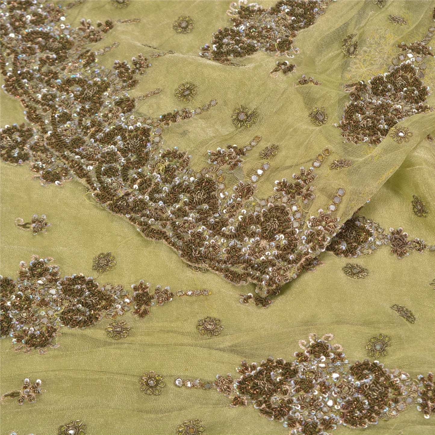 Sanskriti Vintage Green Long Lehenga Net Mesh Hand Embroidered Zardozi Stitched