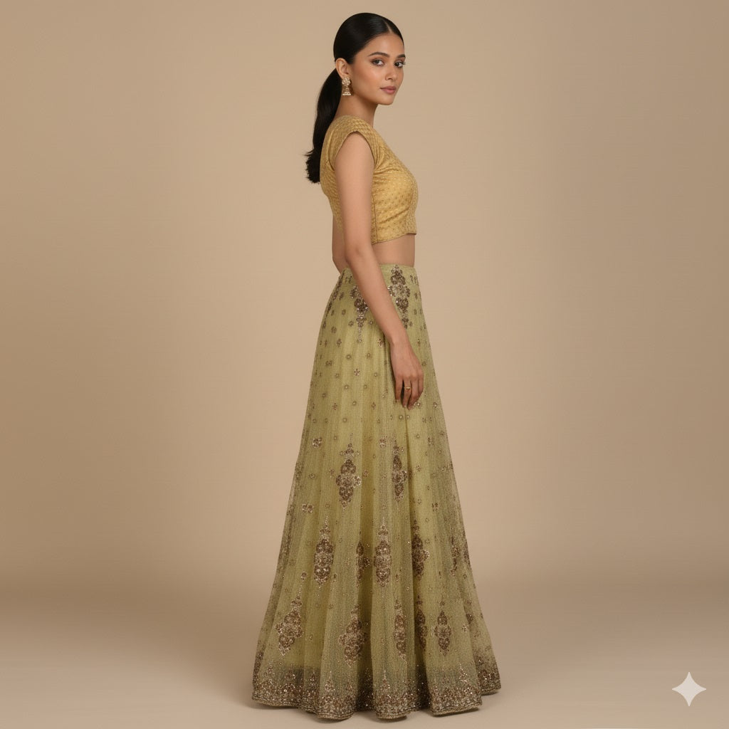 Sanskriti Vintage Green Long Lehenga Net Mesh Hand Embroidered Zardozi Stitched