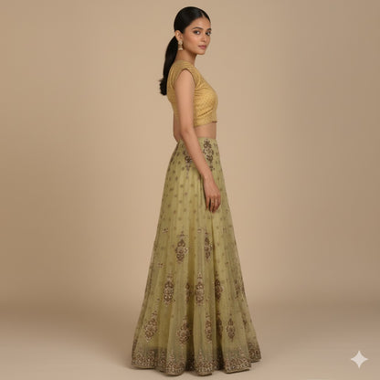 Sanskriti Vintage Green Long Lehenga Net Mesh Hand Embroidered Zardozi Stitched