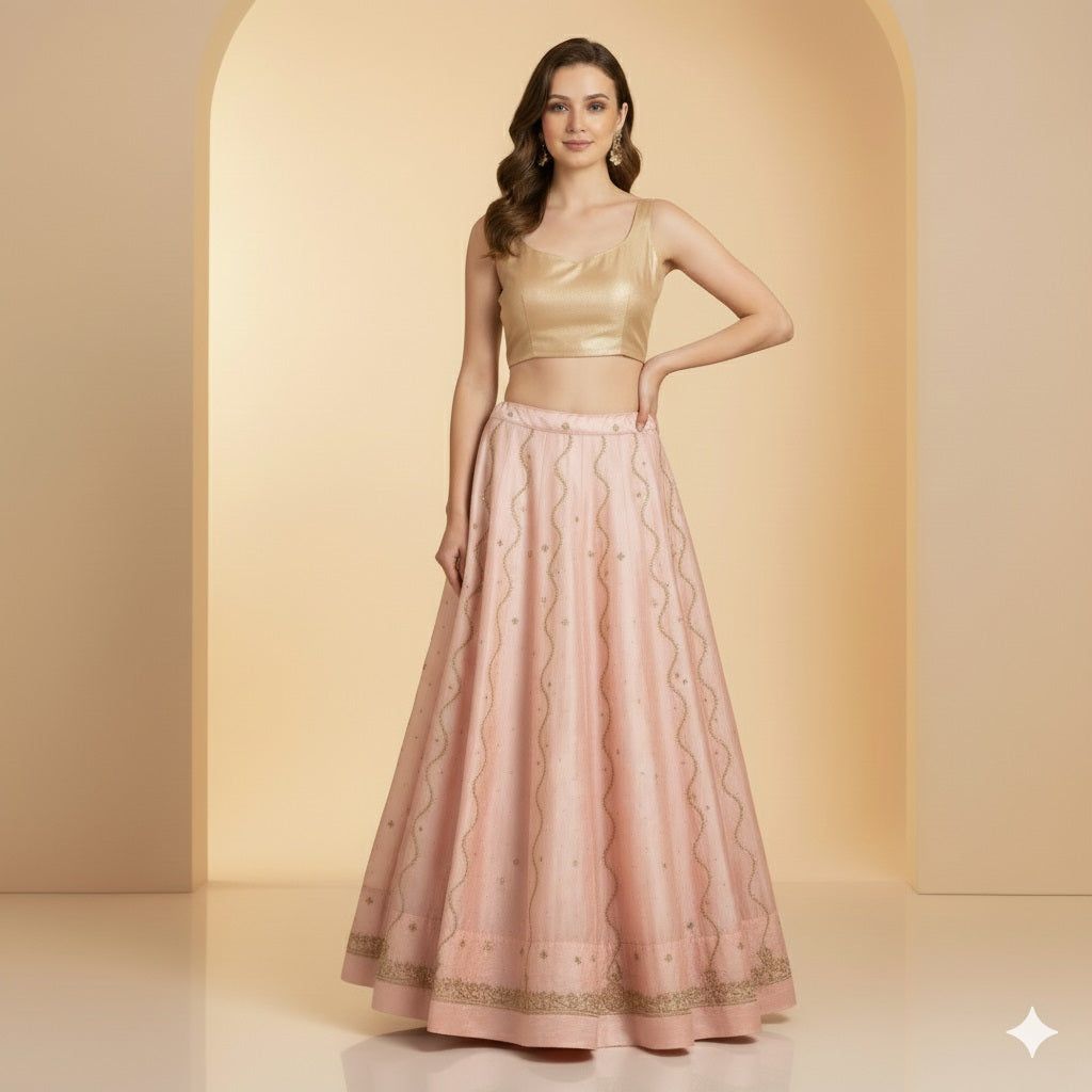 Sanskriti Vintage Pink Long Lehenga Satin Silk Hand Embroidered Zardozi Unstitch