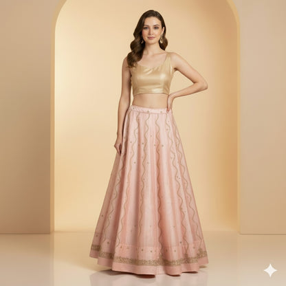 Sanskriti Vintage Pink Long Lehenga Satin Silk Hand Embroidered Zardozi Unstitch