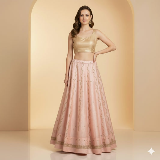 Sanskriti Vintage Pink Long Lehenga Satin Silk Hand Embroidered Zardozi Unstitch