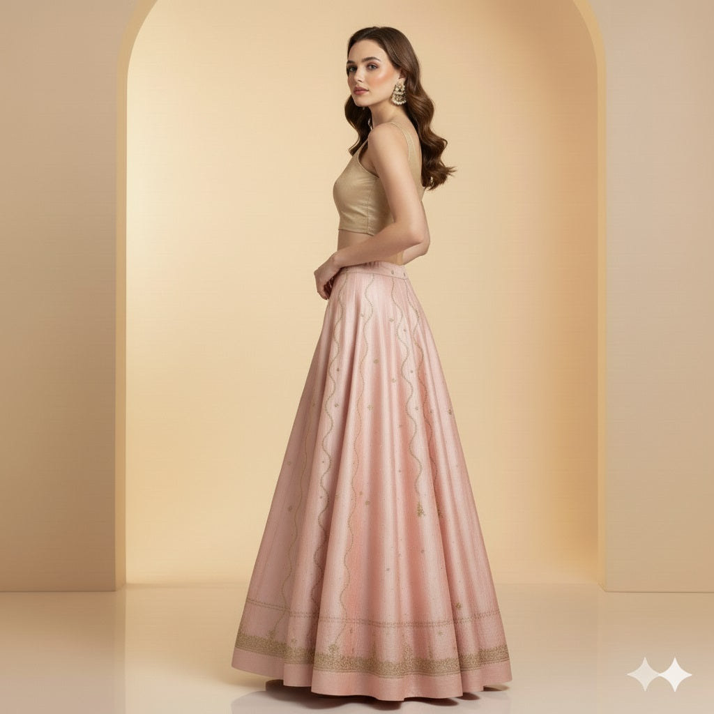 Sanskriti Vintage Pink Long Lehenga Satin Silk Hand Embroidered Zardozi Unstitch