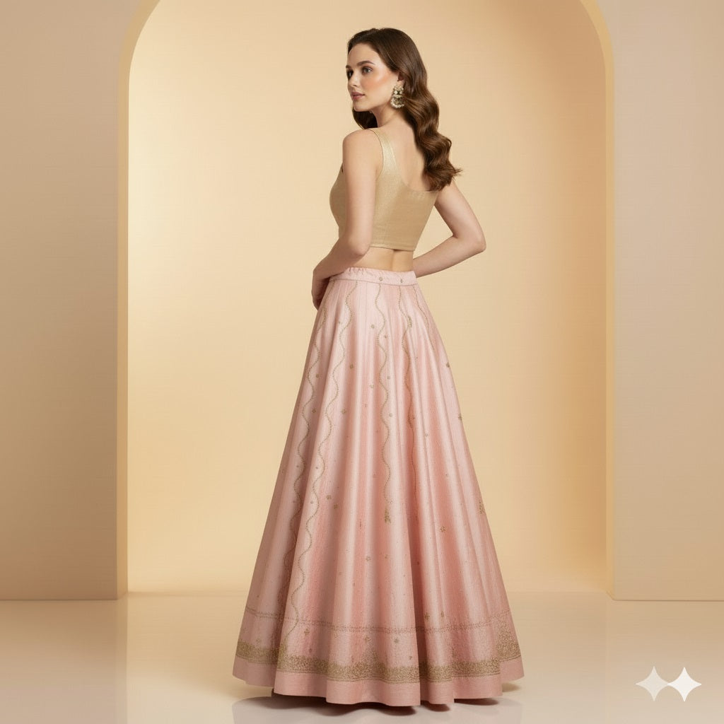 Sanskriti Vintage Pink Long Lehenga Satin Silk Hand Embroidered Zardozi Unstitch