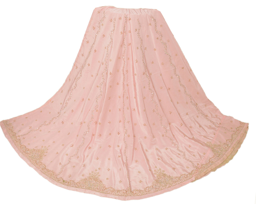 Sanskriti Vintage Pink Long Lehenga Satin Silk Hand Embroidered Zardozi Unstitch