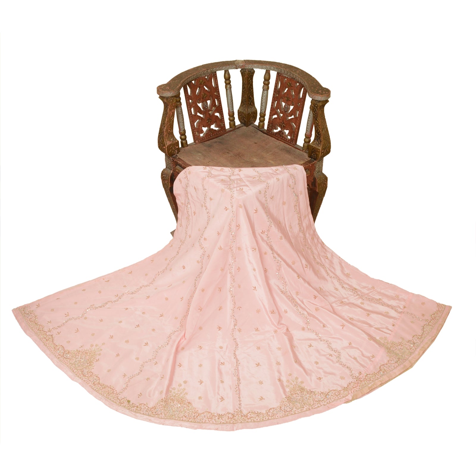 Sanskriti Vintage Pink Long Lehenga Satin Silk Hand Embroidered Zardozi Unstitch