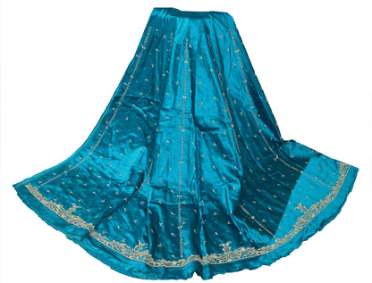Sanskriti Vintage Blue Long Lehenga Satin Silk Hand Embroidered Zardozi Unstitch