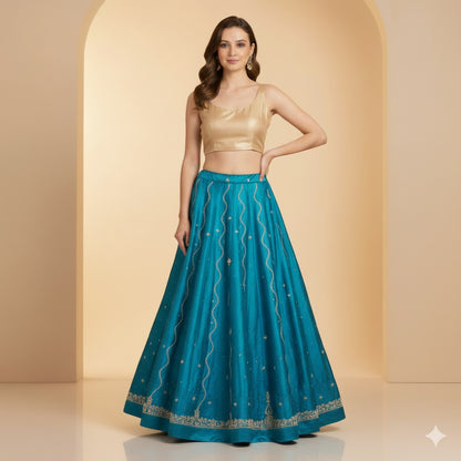 Sanskriti Vintage Blue Long Lehenga Satin Silk Hand Embroidered Zardozi Unstitch