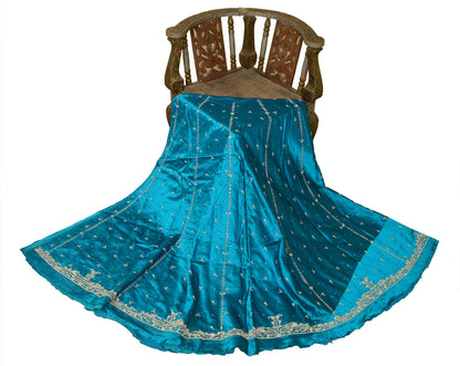 Sanskriti Vintage Blue Long Lehenga Satin Silk Hand Embroidered Zardozi Unstitch