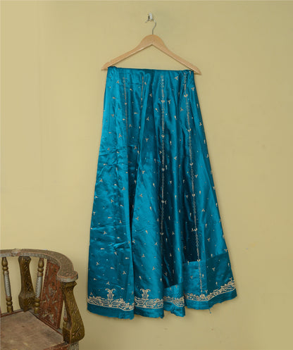 Sanskriti Vintage Blue Long Lehenga Satin Silk Hand Embroidered Zardozi Unstitch