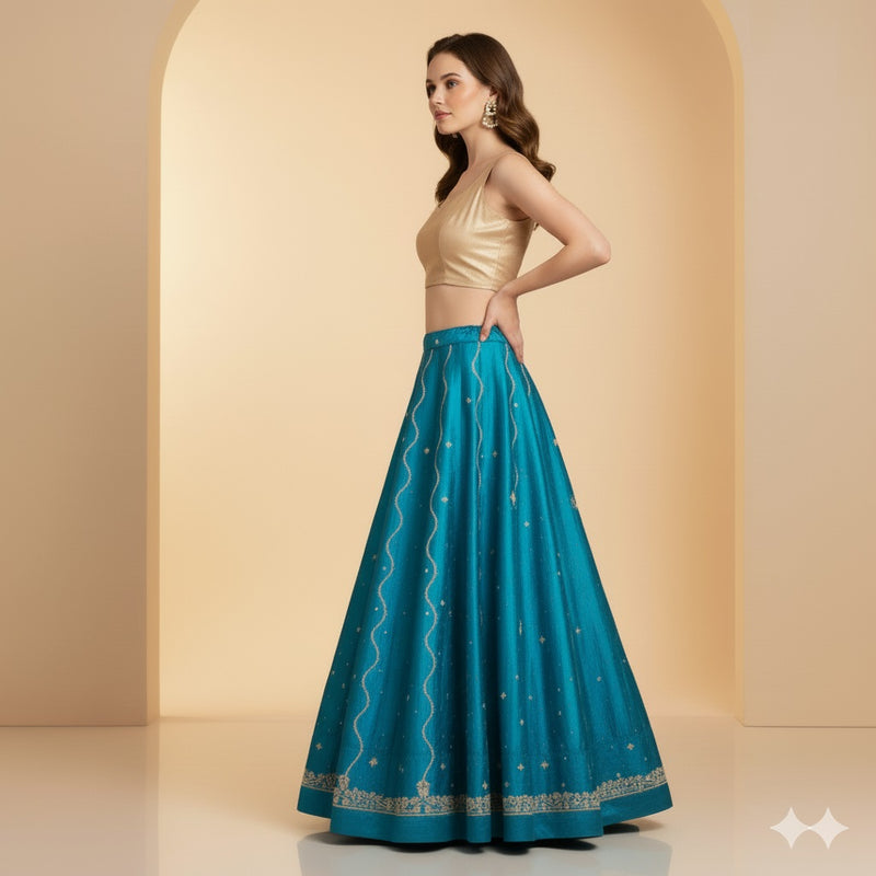 Sanskriti Vintage Blue Long Lehenga Satin Silk Hand Embroidered Zardozi Unstitch