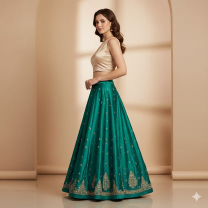 Sanskriti Vintage Green Long Lehenga Satin Silk Hand Embroidery Zardozi Unstitch