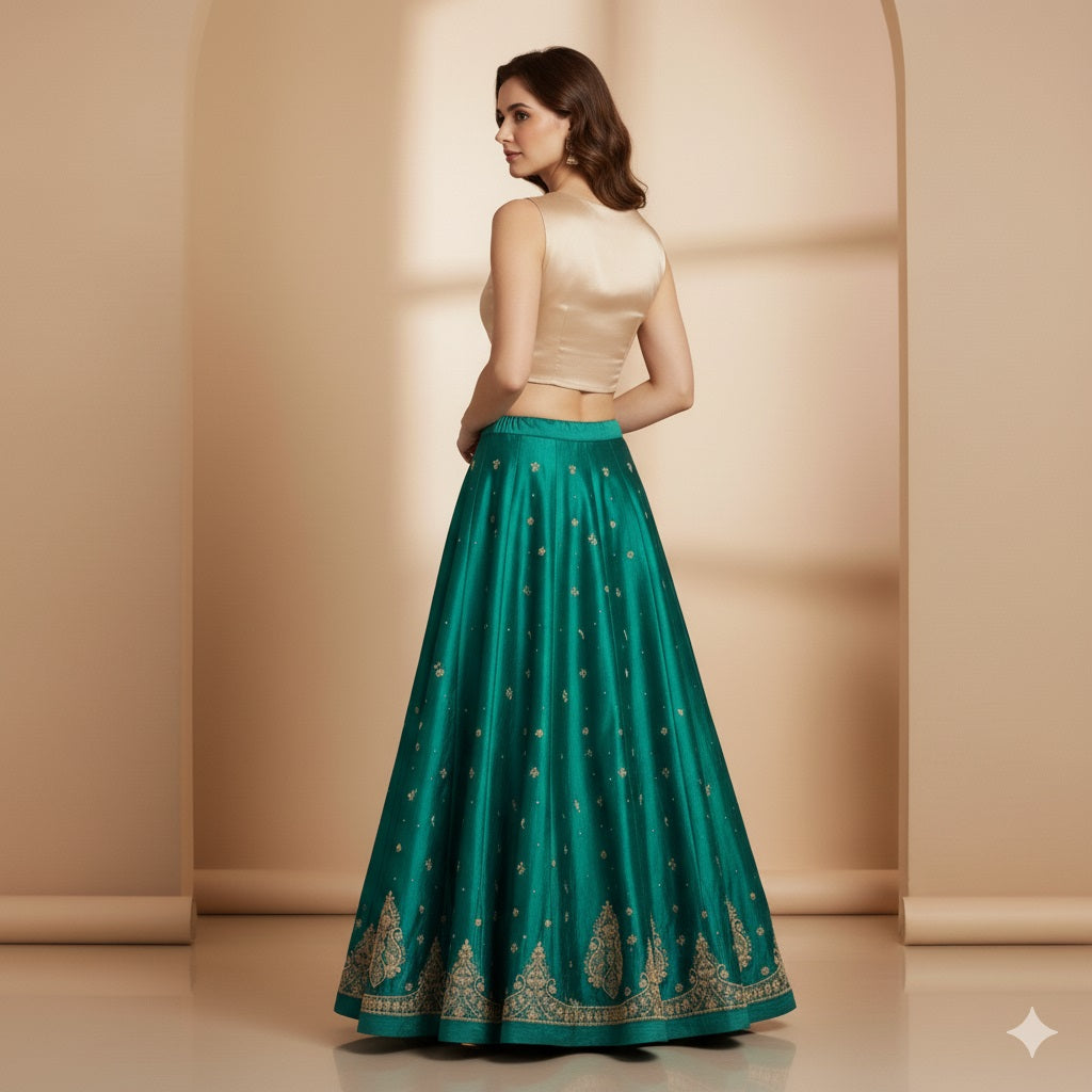 Sanskriti Vintage Green Long Lehenga Satin Silk Hand Embroidery Zardozi Unstitch
