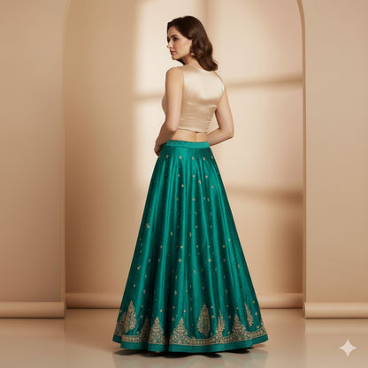 Sanskriti Vintage Green Long Lehenga Satin Silk Hand Embroidery Zardozi Unstitch