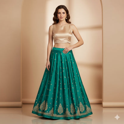 Sanskriti Vintage Green Long Lehenga Satin Silk Hand Embroidery Zardozi Unstitch