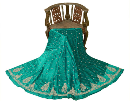 Sanskriti Vintage Green Long Lehenga Satin Silk Hand Embroidery Zardozi Unstitch