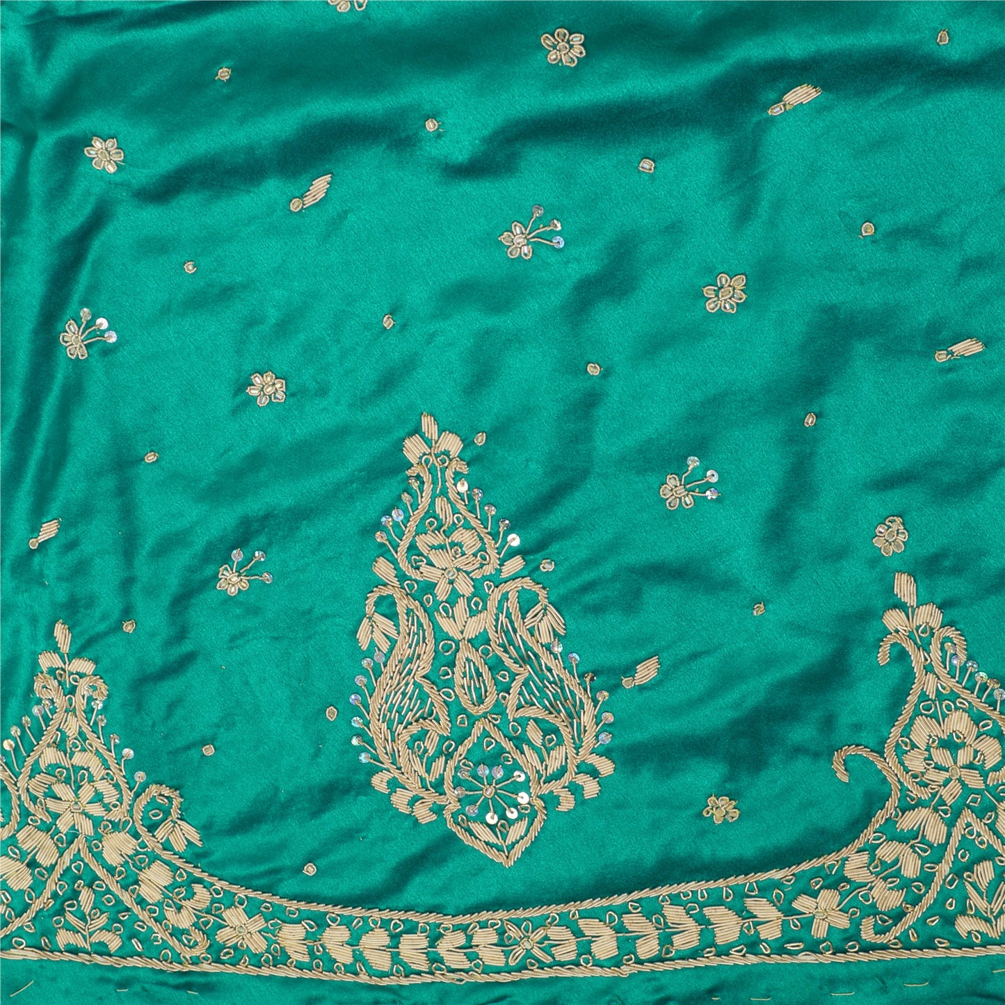 Sanskriti Vintage Green Long Lehenga Satin Silk Hand Embroidery Zardozi Unstitch