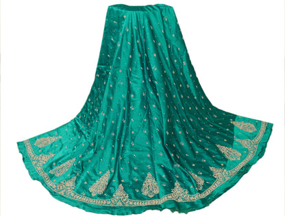 Sanskriti Vintage Green Long Lehenga Satin Silk Hand Embroidery Zardozi Unstitch