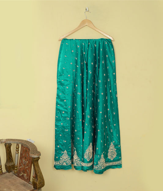 Sanskriti Vintage Green Long Lehenga Satin Silk Hand Embroidery Zardozi Unstitch