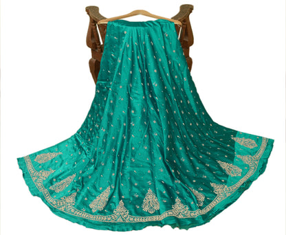 Sanskriti Vintage Green Long Lehenga Satin Silk Hand Embroidery Zardozi Unstitch