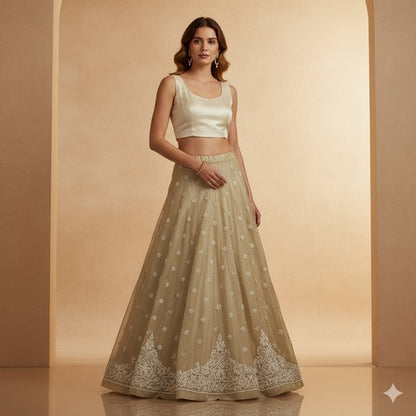 Sanskriti Vintage Ivory Long Lehenga Pure Silk Hand Embroidered Zardozi Unstitch