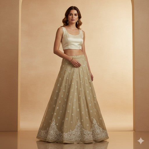 Sanskriti Vintage Ivory Long Lehenga Pure Silk Hand Embroidered Zardozi Unstitch