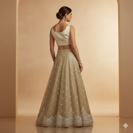 Sanskriti Vintage Ivory Long Lehenga Pure Silk Hand Embroidered Zardozi Unstitch