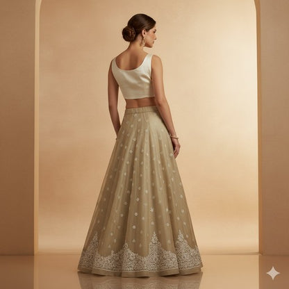 Sanskriti Vintage Ivory Long Lehenga Pure Silk Hand Embroidered Zardozi Unstitch
