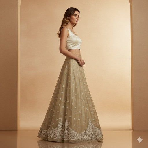 Sanskriti Vintage Ivory Long Lehenga Pure Silk Hand Embroidered Zardozi Unstitch