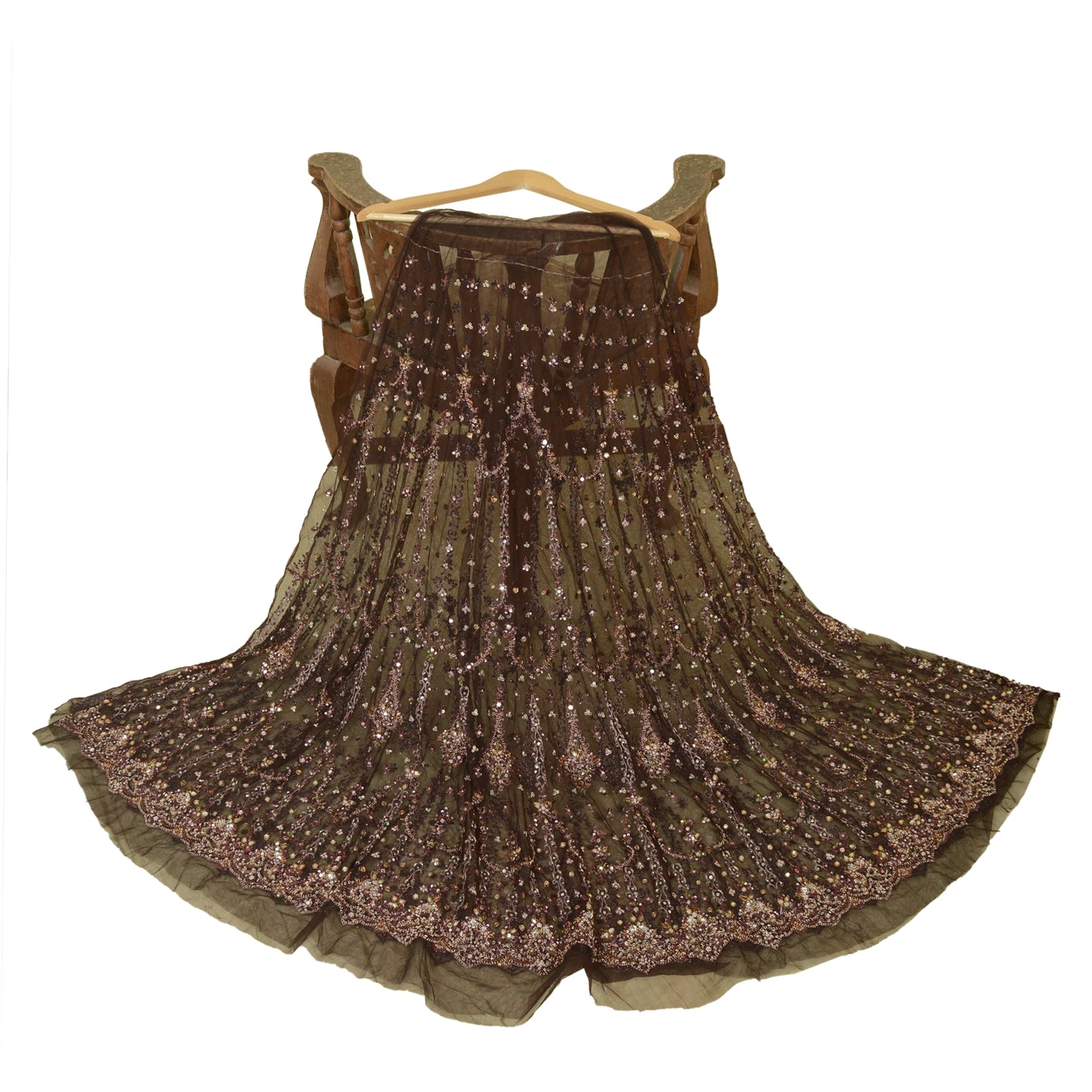 Sanskriti Vintage Brown Long Lehenga Net Mesh Hand Beaded Zardozi Unstitched