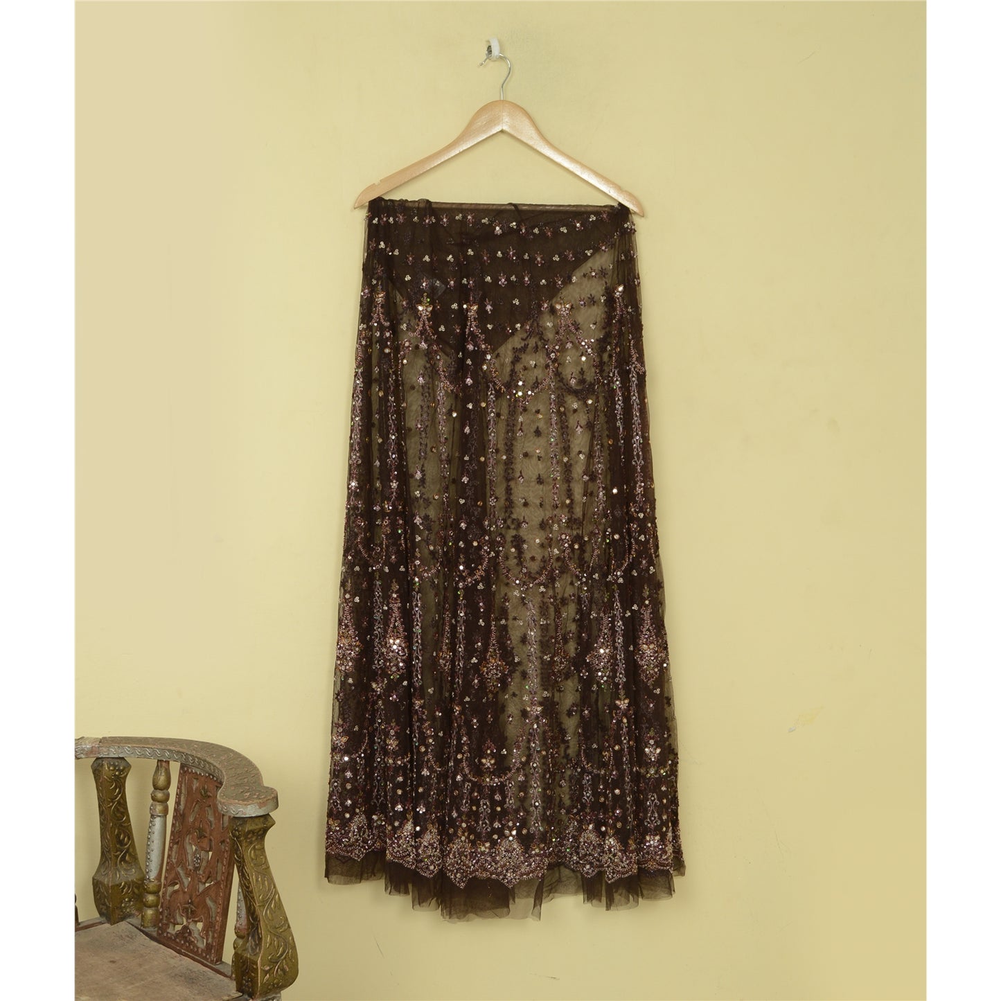 Sanskriti Vintage Brown Long Lehenga Net Mesh Hand Beaded Zardozi Unstitched