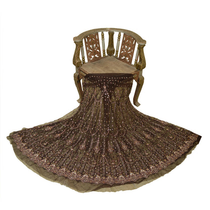 Sanskriti Vintage Brown Long Lehenga Net Mesh Hand Beaded Zardozi Unstitched