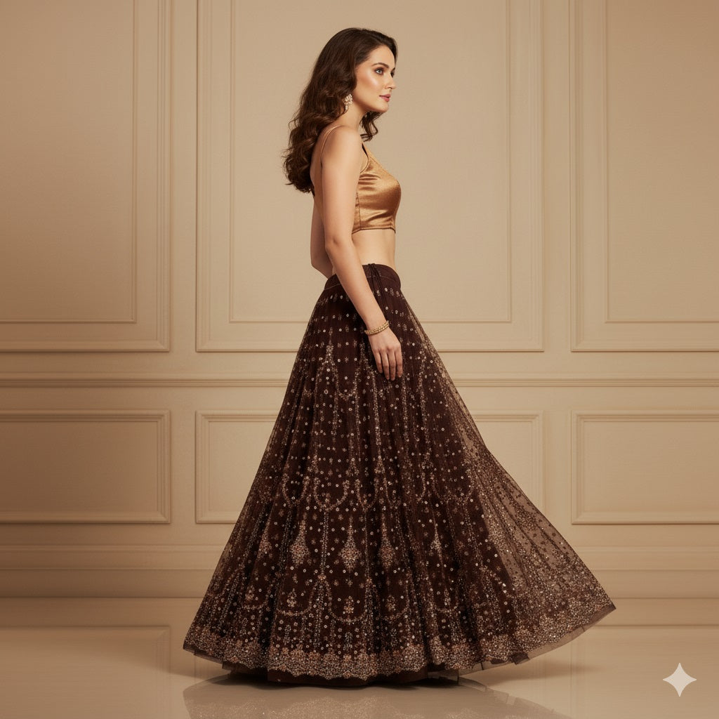 Sanskriti Vintage Brown Long Lehenga Net Mesh Hand Beaded Zardozi Unstitched