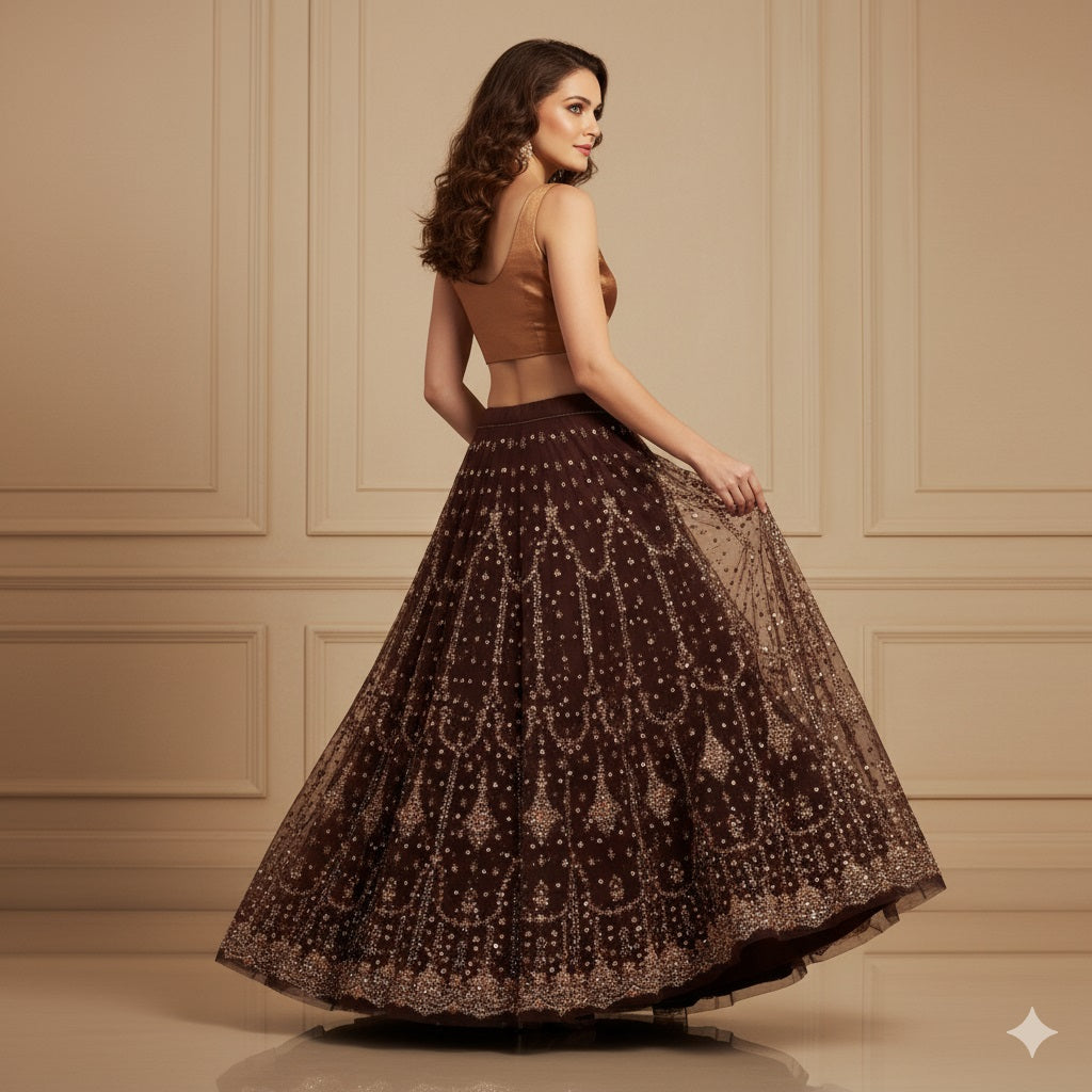 Sanskriti Vintage Brown Long Lehenga Net Mesh Hand Beaded Zardozi Unstitched