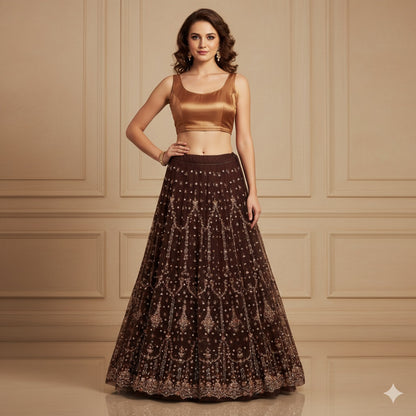 Sanskriti Vintage Brown Long Lehenga Net Mesh Hand Beaded Zardozi Unstitched