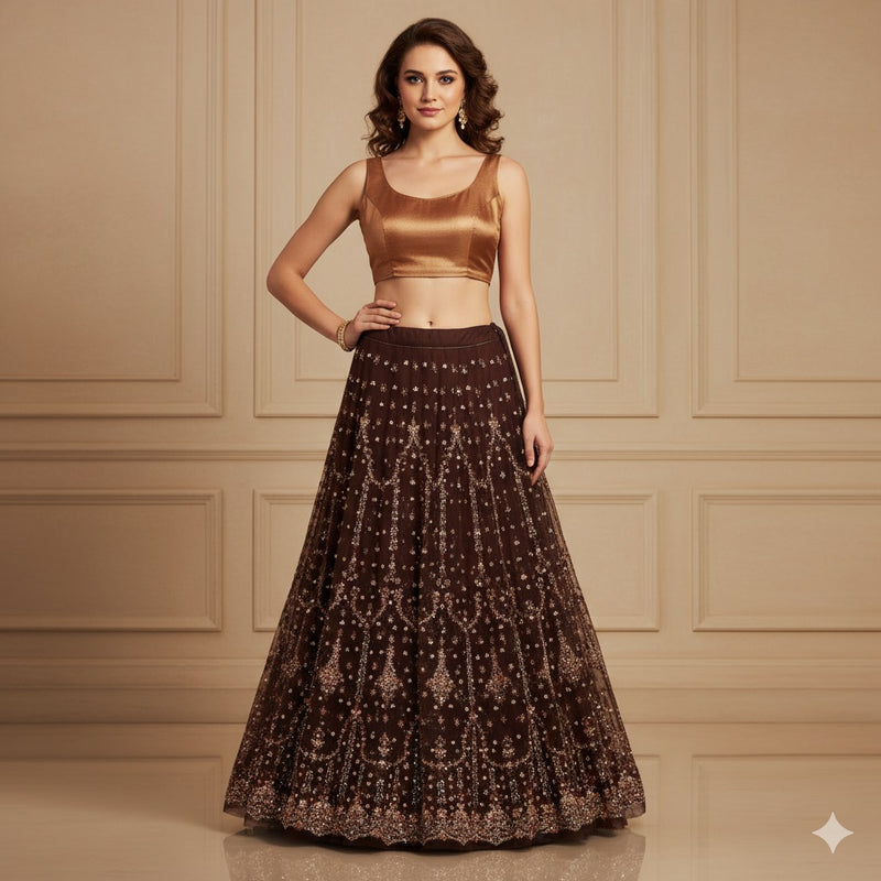 Sanskriti Vintage Brown Long Lehenga Net Mesh Hand Beaded Zardozi Unstitched