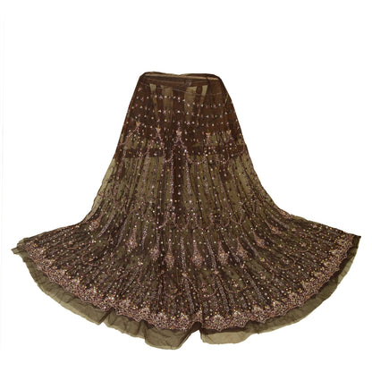 Sanskriti Vintage Brown Long Lehenga Net Mesh Hand Beaded Zardozi Unstitched