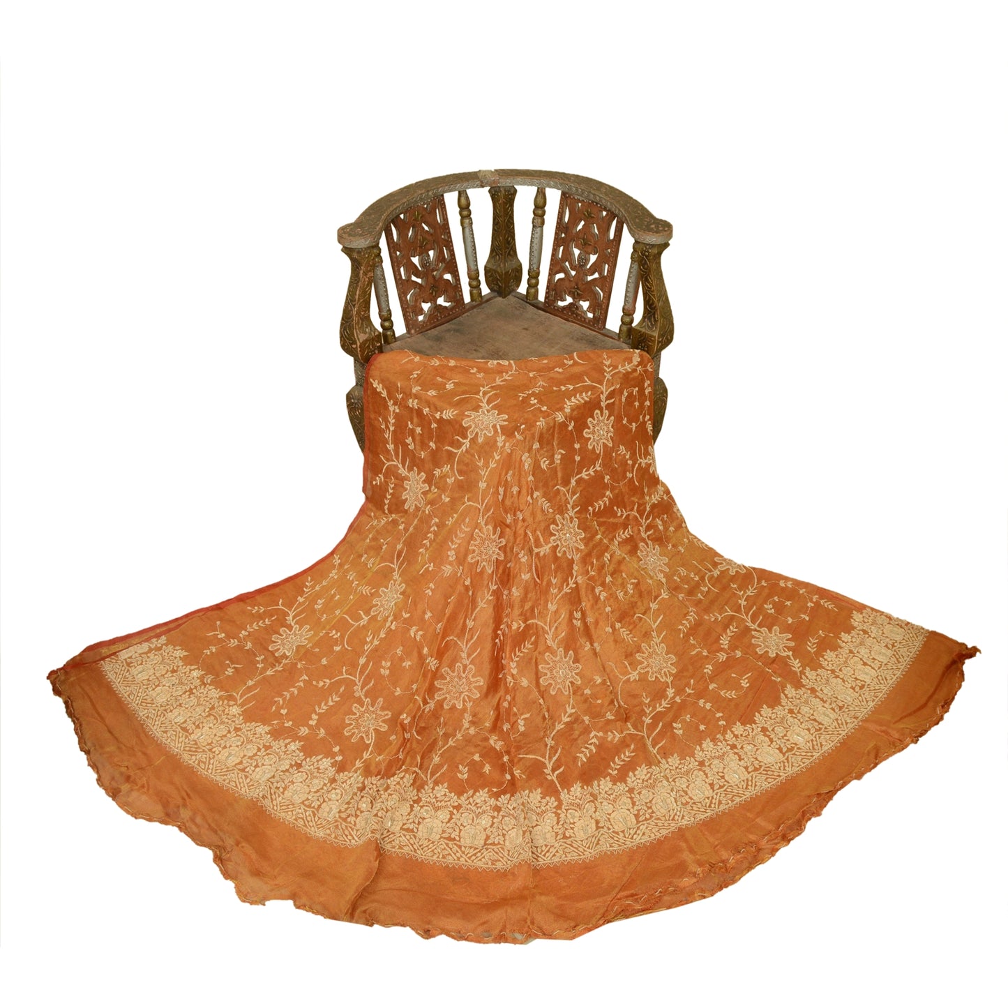 Sanskriti Vintage Orange Long Lehenga Pure Silk Hand Embroidery Zardozi Unstitch