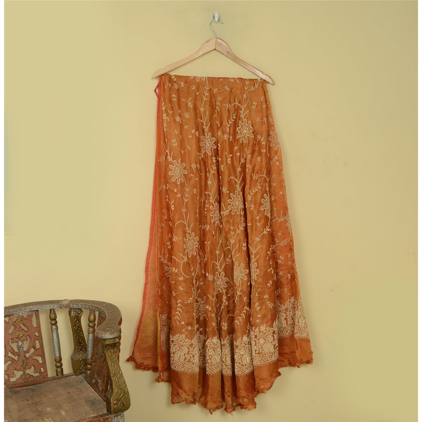 Sanskriti Vintage Orange Long Lehenga Pure Silk Hand Embroidery Zardozi Unstitch