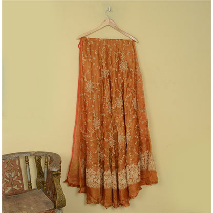 Sanskriti Vintage Orange Long Lehenga Pure Silk Hand Embroidery Zardozi Unstitch