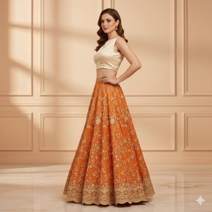 Sanskriti Vintage Orange Long Lehenga Pure Silk Hand Embroidery Zardozi Unstitch