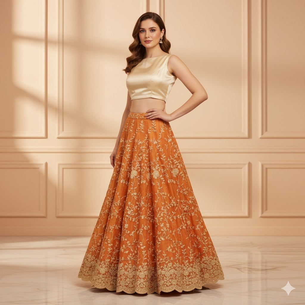 Sanskriti Vintage Orange Long Lehenga Pure Silk Hand Embroidery Zardozi Unstitch