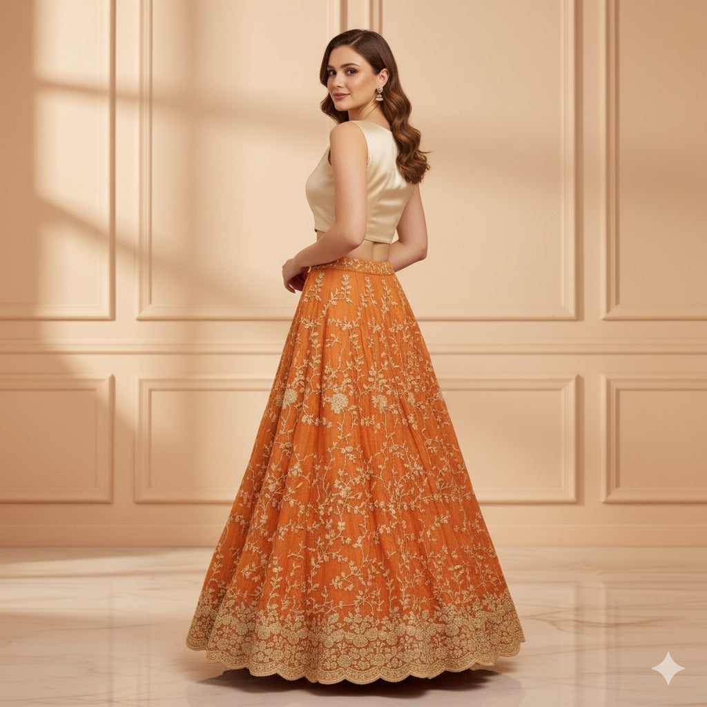 Sanskriti Vintage Orange Long Lehenga Pure Silk Hand Embroidery Zardozi Unstitch