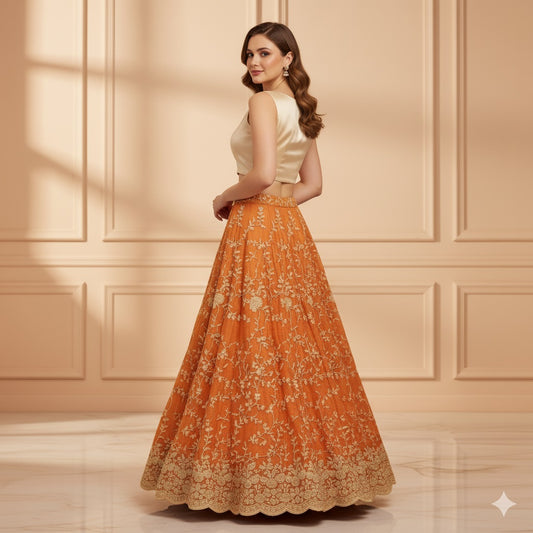 Sanskriti Vintage Orange Long Lehenga Pure Silk Hand Embroidery Zardozi Unstitch