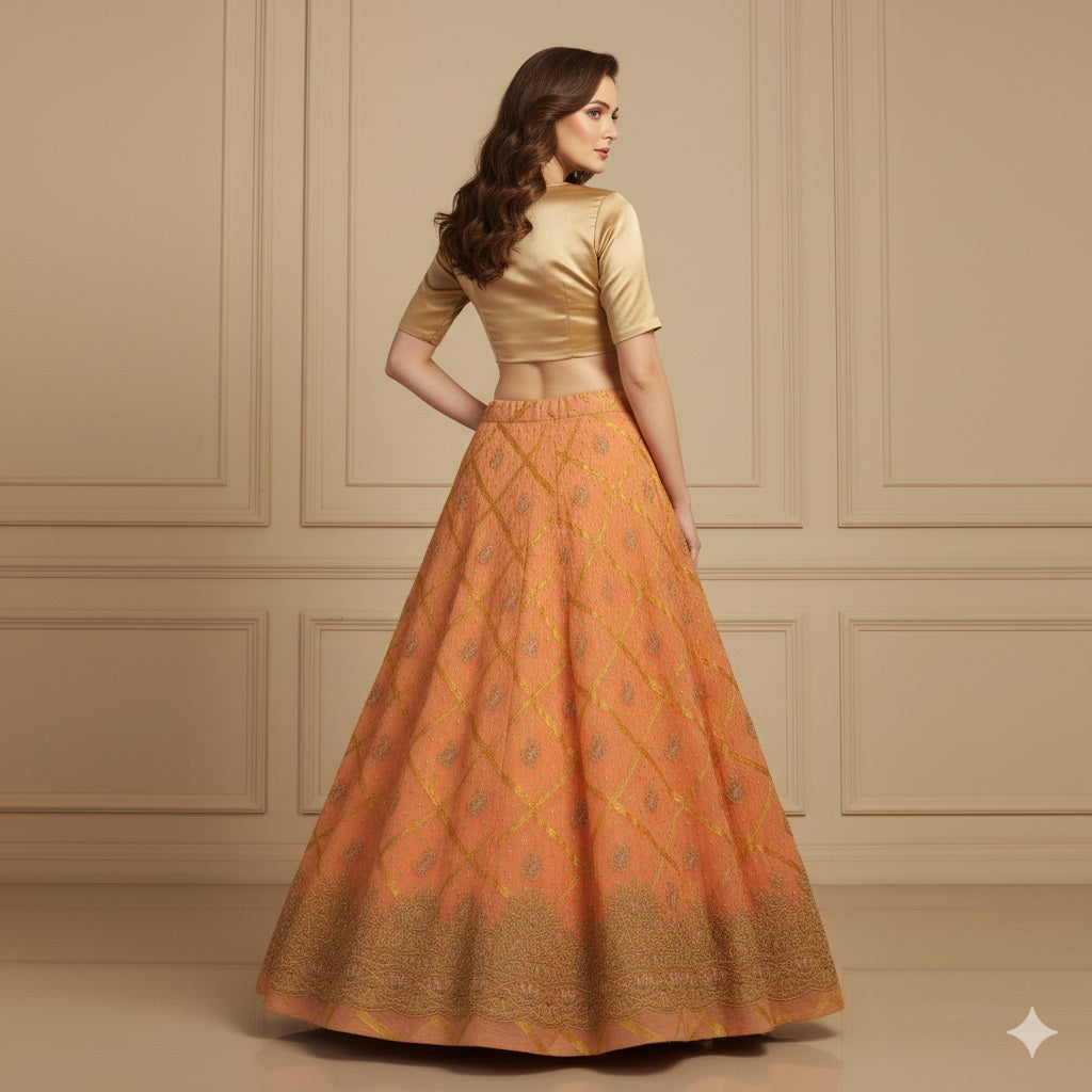 Sanskriti Vintage Peach Long Lehenga Pure Silk Hand Embroidered Zardozi Unstitch