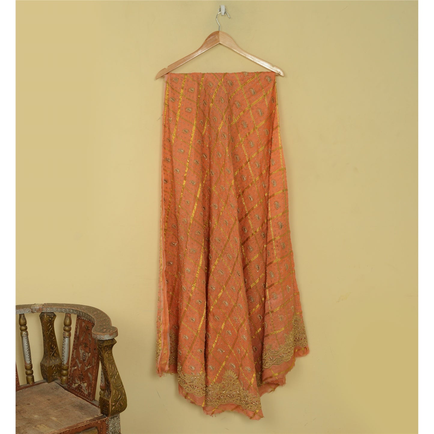 Sanskriti Vintage Peach Long Lehenga Pure Silk Hand Embroidered Zardozi Unstitch