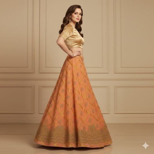 Sanskriti Vintage Peach Long Lehenga Pure Silk Hand Embroidered Zardozi Unstitch