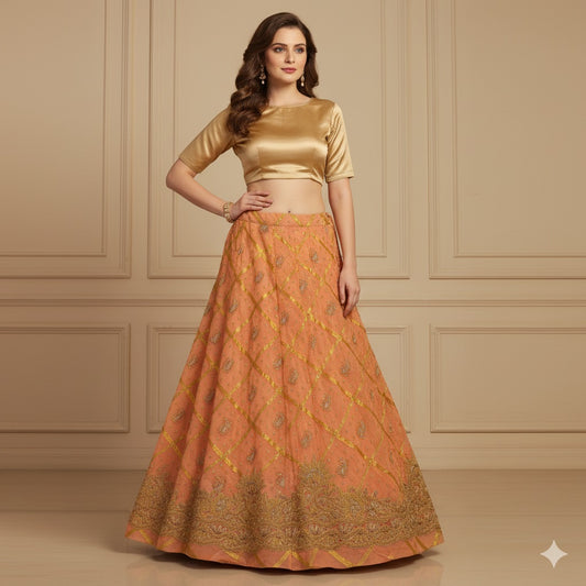 Sanskriti Vintage Peach Long Lehenga Pure Silk Hand Embroidered Zardozi Unstitch